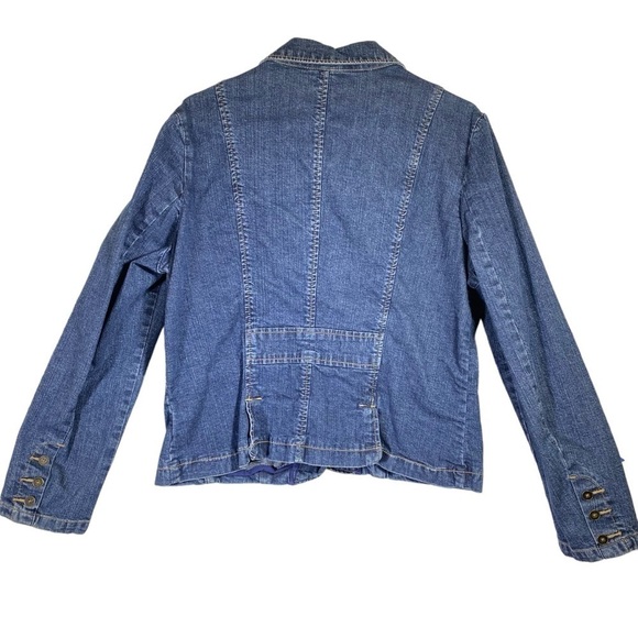 St. Johns Bay stretch women's Large denim blazer jacket slightly cropped pockets - Picture 6 of 9